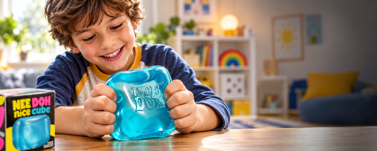 Child playing with a blue NeeDoh Nice Cube squishy toy